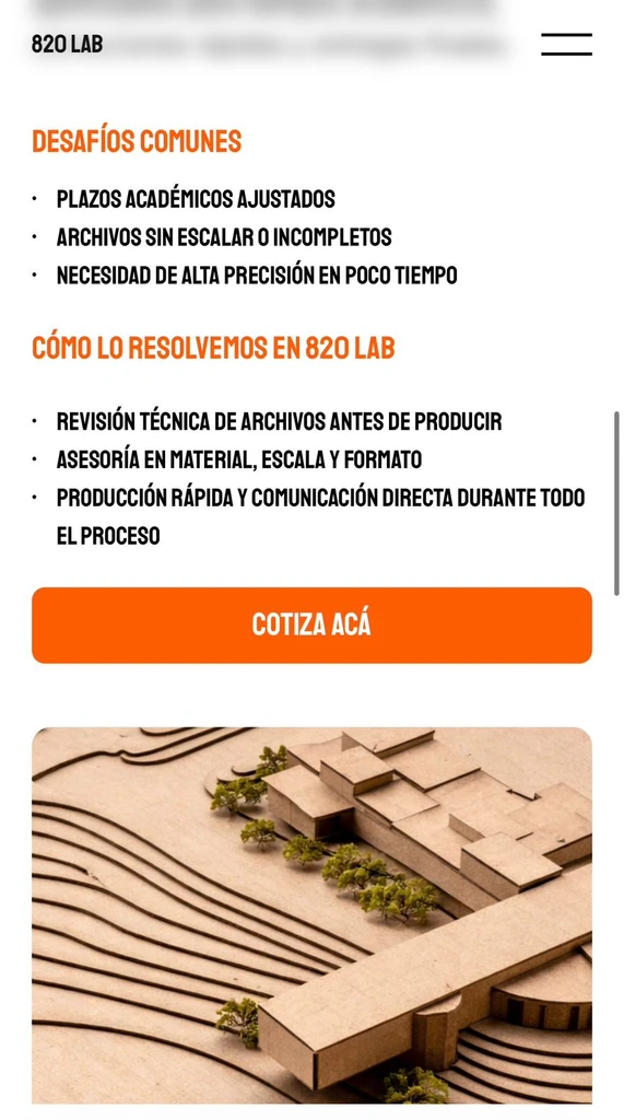 Vista móvil de 820 Lab con los desafíos comunes, cómo se resuelven y el botón de cotización