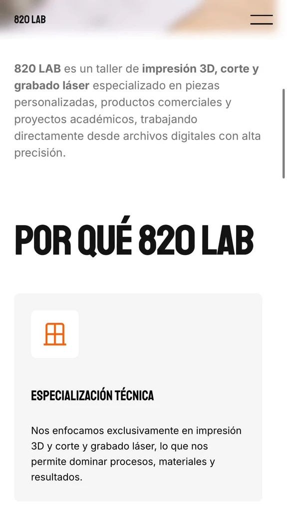 Vista móvil del sitio de 820 Lab con la sección Por qué 820 Lab y la tarjeta de especialización técnica