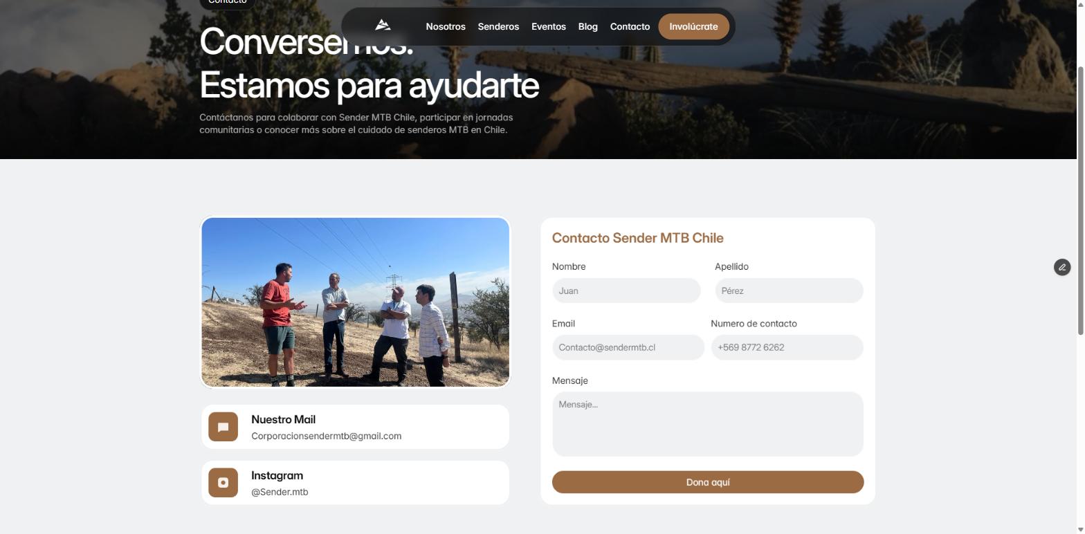 Página de contacto de Sender MTB Chile